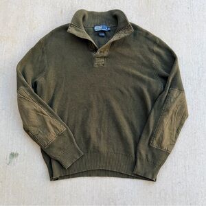 Vintage Polo Ralph Lauren Sweater 1/4 Button Military Green Elbow Patch 90s